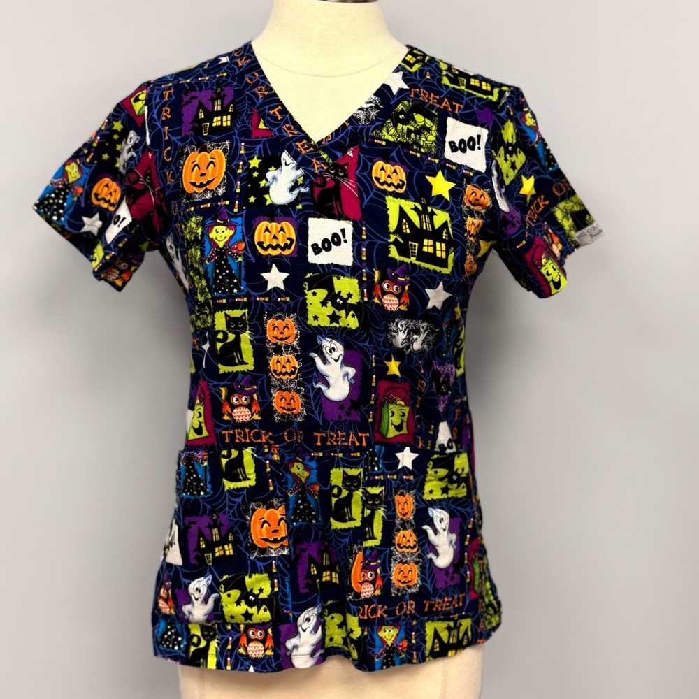 Med Couture Halloween Scrub Top S Navy w/ Glitter Ghost Cats Bats Cotton Scrubs
